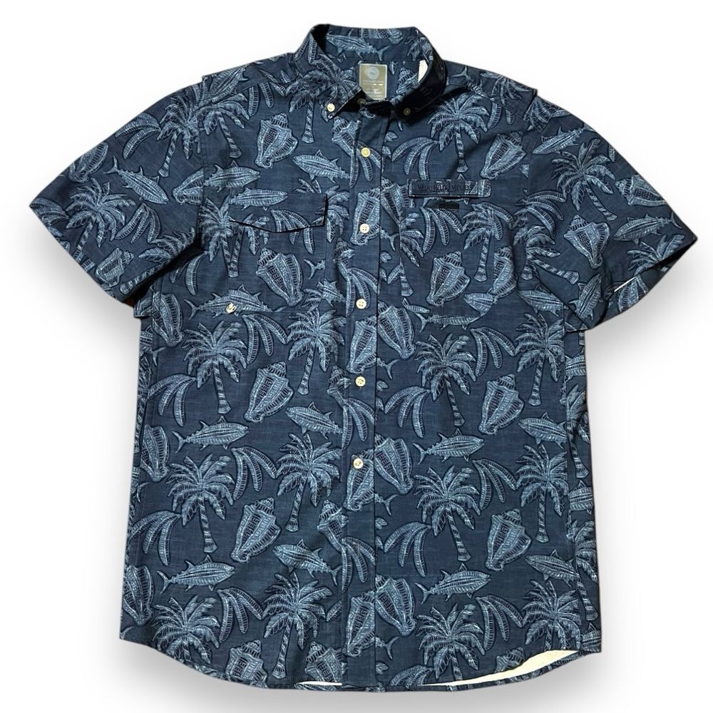 Vineyard Vines Harbor Shirt Navy Palm Print Short Sleeve Button Fishing Size M